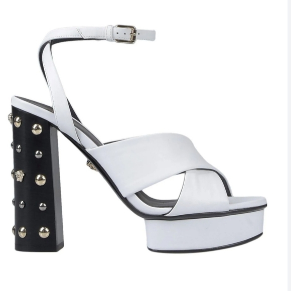 Versace Medusa Studded White Leather Platform Sandals - Picture 16 of 17